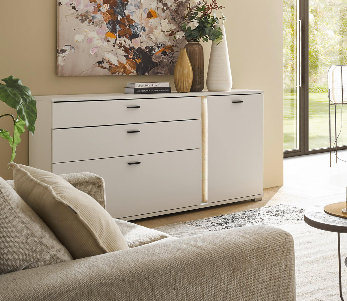 SIDEBOARD weiß matt, Eiche Wotan 150 cm, Kommode inklusive Frontbeleuchtung - Silberfarben/Eiche Wotan, Holzwerkstoff/Kunststoff (150/86/42cm) - Furn.Design