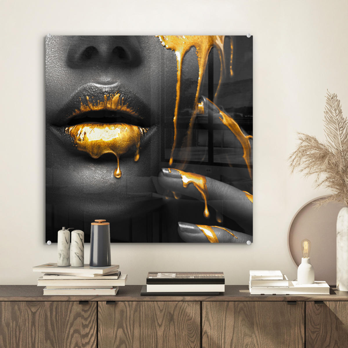 ACRYLGLASBILD Frau - Schwarz - Gold - Gesicht - Lippen 50x50 cm - Goldfarben, Glas (50/50cm) - MuchoWow