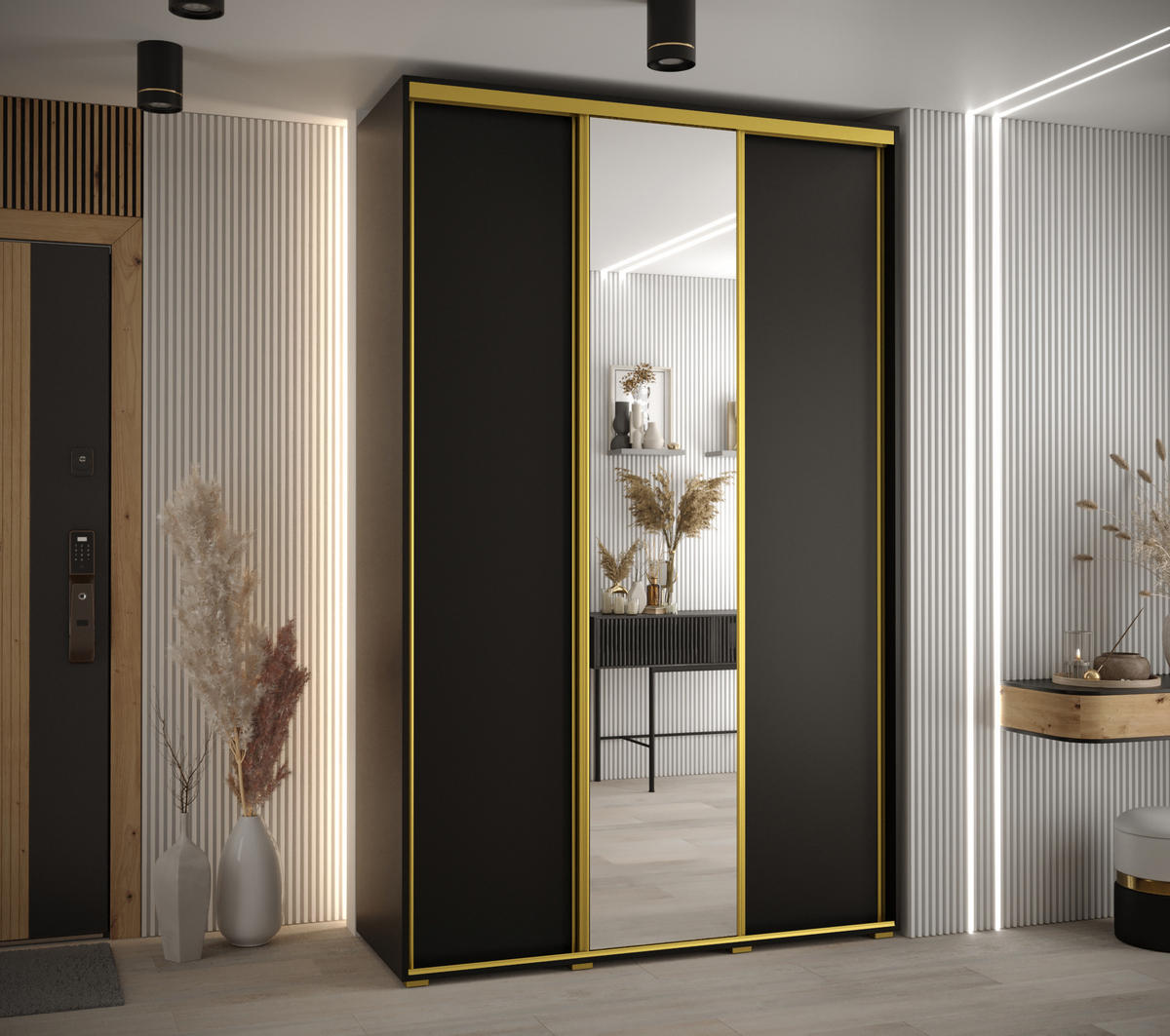 SCHWEBETÜRENSCHRANK 235,2/150/45 3-türig - Goldfarben/Schwarz, Holz/Metall (150/235/45cm) - Abiks Möbel