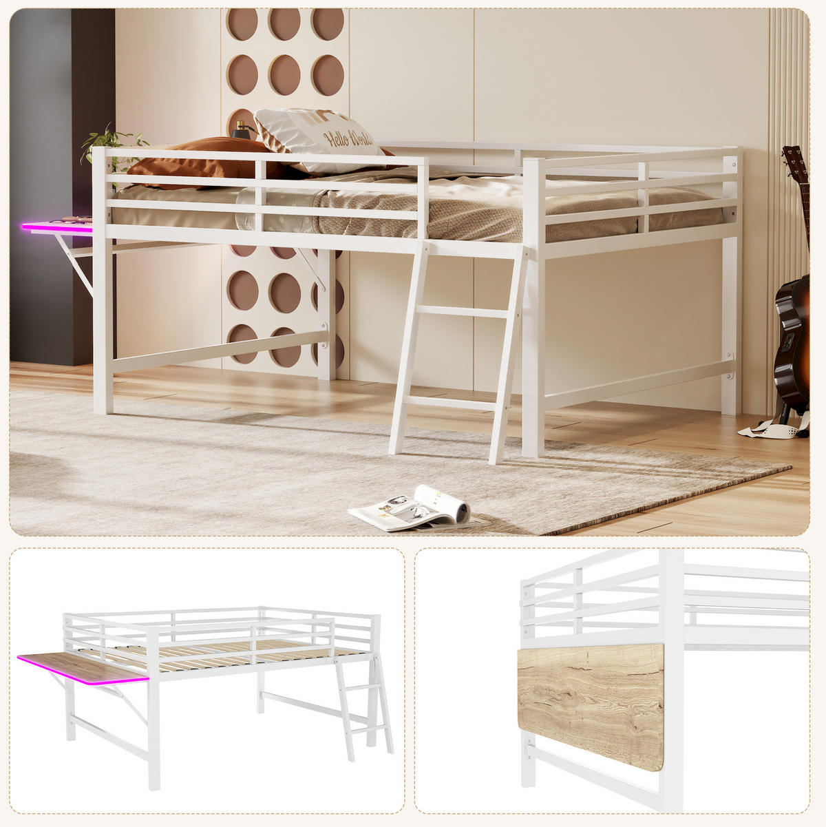 HOCHBETT 140/200 cm mit Leiter, Schutzgeländer, klappbarem Schreibtisch und LED-Beleuchtung, Metall, Weiß - Weiß, Metall (140/200cm) - Redom