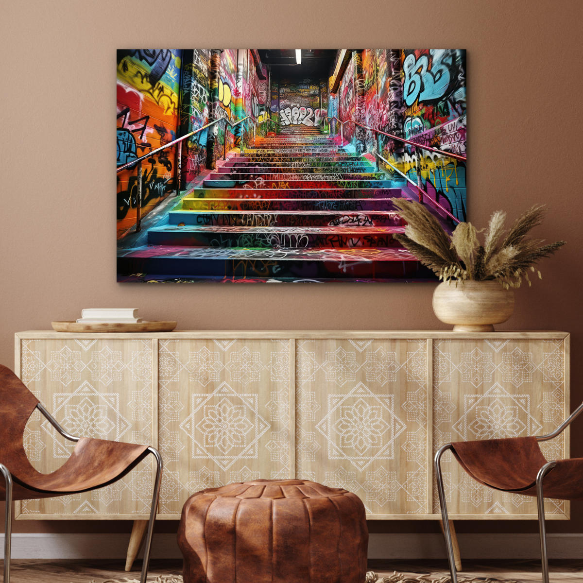 METALLBILD Treppe - Graffiti - Farben - Kunst 90x60 cm - Multicolor, Metall (90/60cm) - MuchoWow