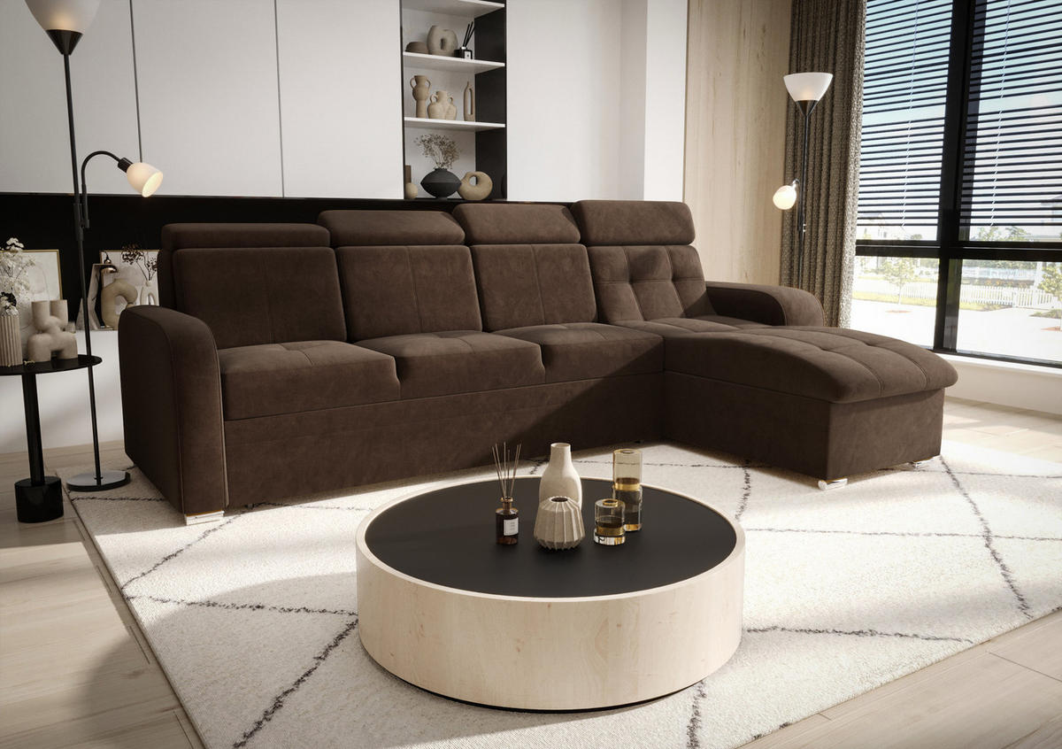 ECKSOFA KONGO RBN10, Eckcouch in L-Form mit Schlaffunktion, Farbe: Dunkelbraun, Velourstoff, Ottomane Rechts - Dunkelbraun, Textil (315/169cm) - O-Sofa