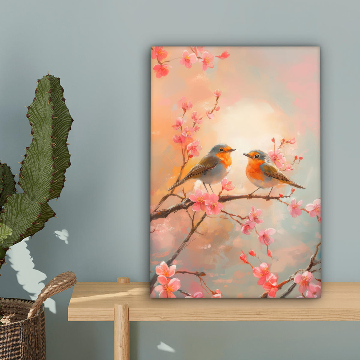LEINWANDBILD Rotkehlchen - Zierpflanze - Blütenzweig Deko Wohnzimmer 20x30 cm - Hellrosa, Textil (20/30cm) - MuchoWow