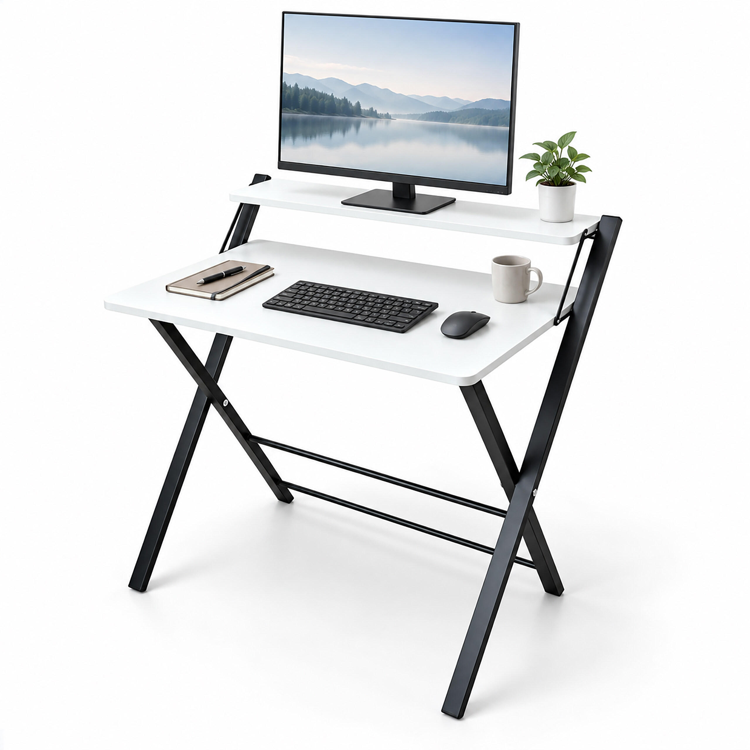 SCHREIBTISCH Schwarz klappbar mit Monitoraufsatz 70x56 cm - Schwarz, Holzwerkstoff/Metall (56/70/82cm) - Relaxdays