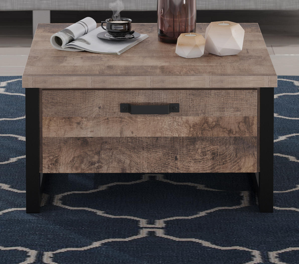 COUCHTISCH Eiche Tabak, schwarz 80 x 80 cm quadratisch, Beistelltisch mit 2x Schubkasten - Eichefarben/Schwarz, Holzwerkstoff/Kunststoff (80/80/45cm) - Top.Furn