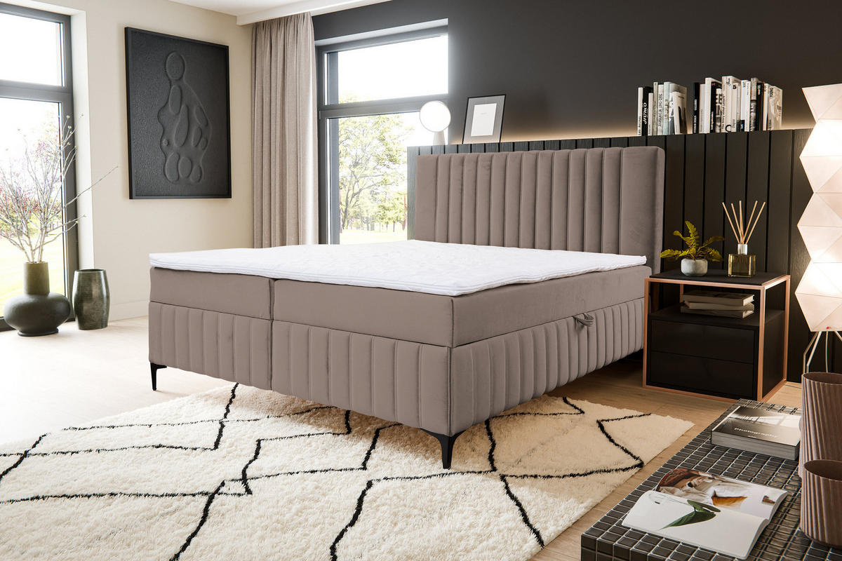 BOXBETT QUANT mit 2 Bettkästen, 180x200, Farbe: Braun, Velourstoff, mit Bonell-Matratze inkl. Topper - Braun, Holz/Kunststoff (180/200cm) - VENASI MÖBEL