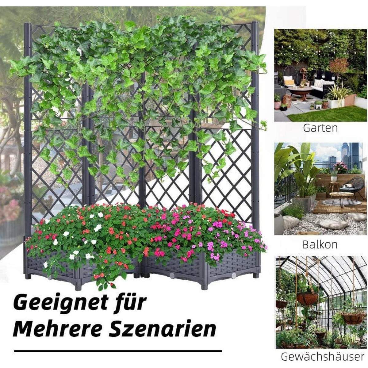 HOCHBEET mit Rankgitter und Selbstbewässerung 113 x 40 x 136 cm Graublau - Grau, Kunststoff (113/121/40cm)