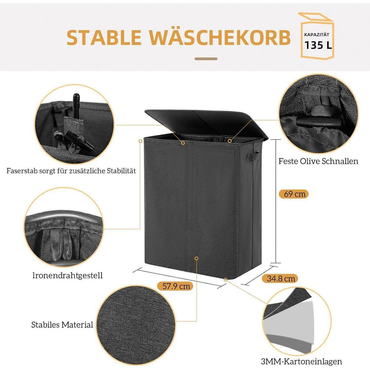 WÄSCHEKORB mit Deckel 135L 2 Fächer Dunkelgrau - Anthrazit, Textil (35/69/58cm)