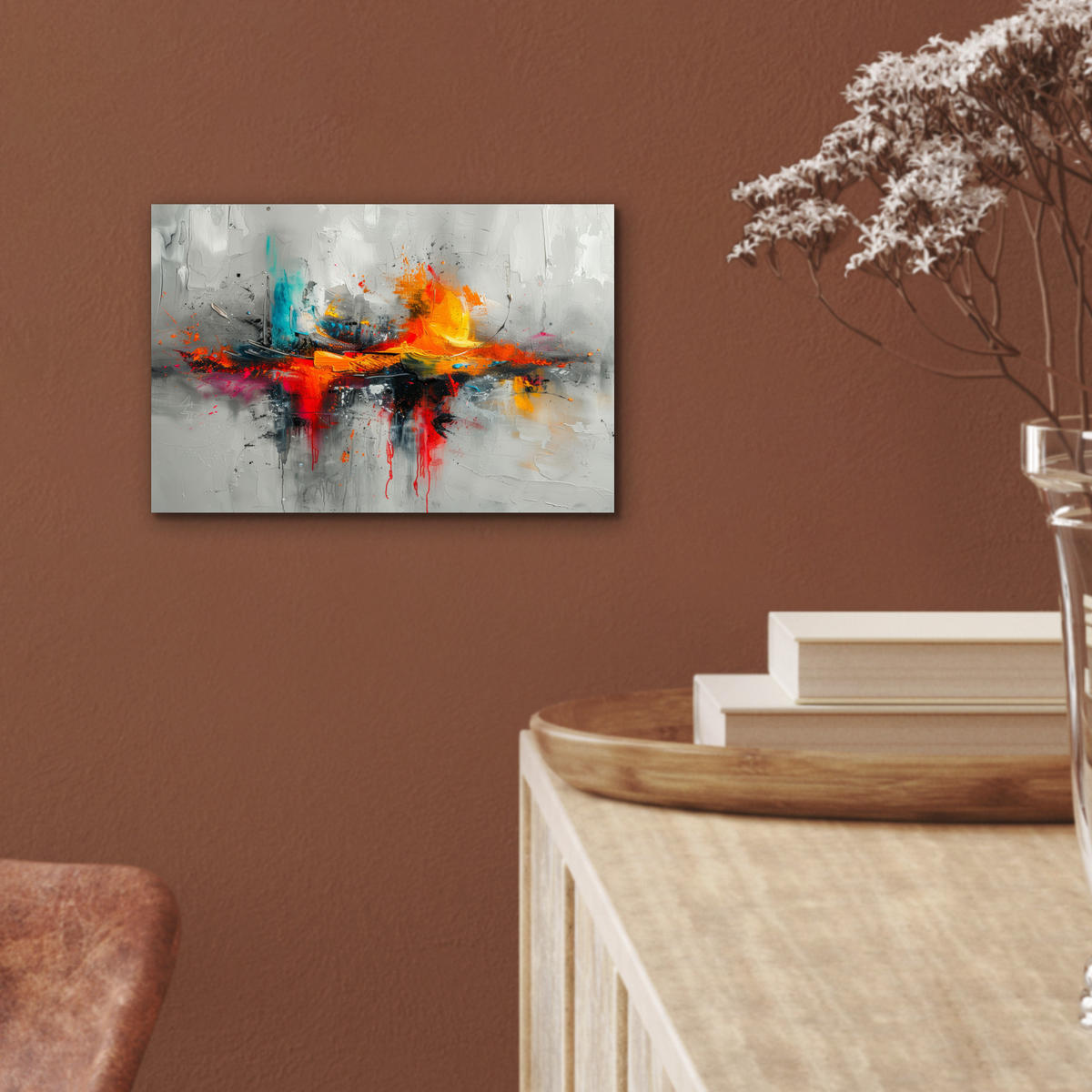 KOVOVÝ OBRAZ Moderné umenie - Oranžová - Sivá - Abstraktné 30x20 cm - svetlosivá, kov (30/20cm) - MuchoWow