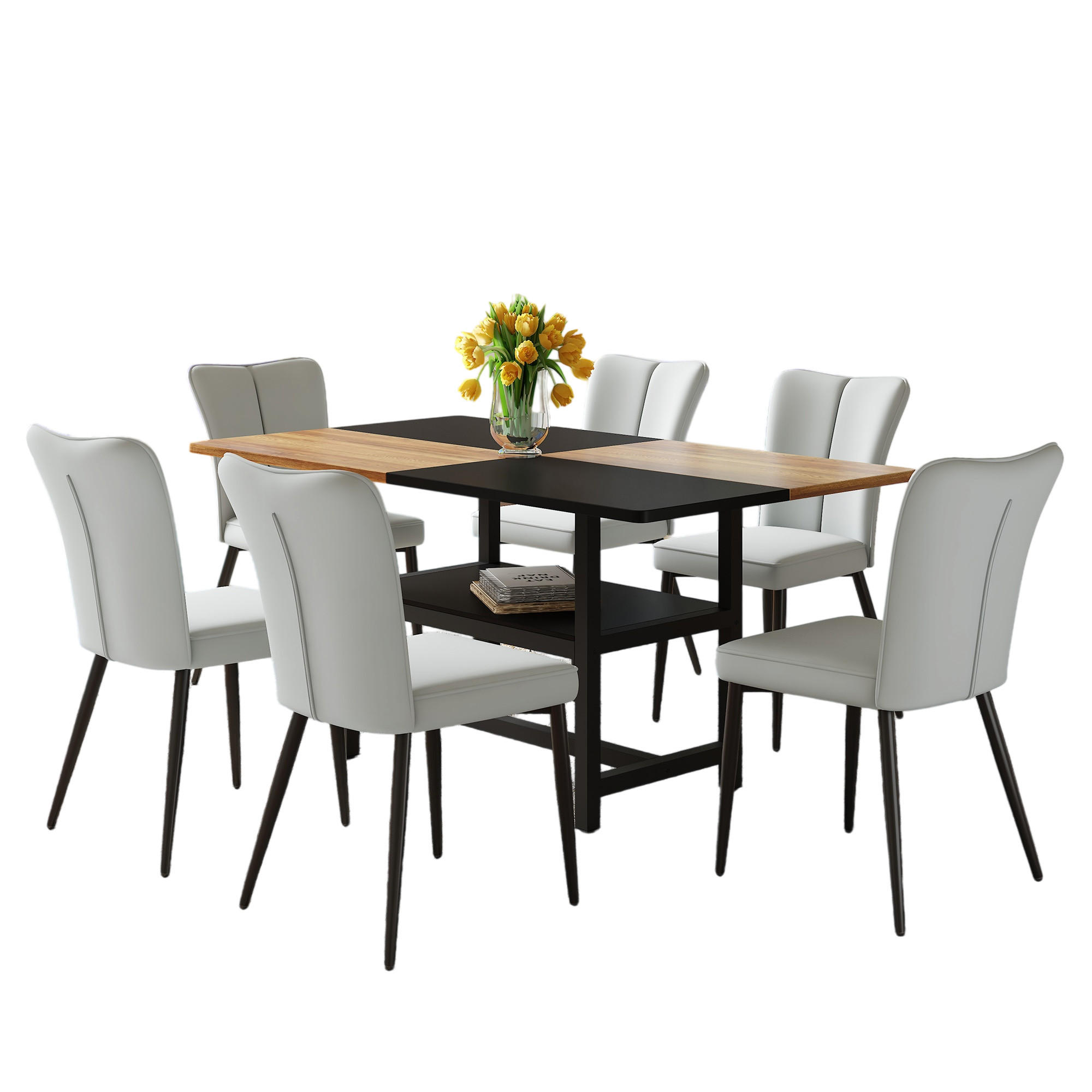 ESSGRUPPE DE-39364 7-teilig, mit 6 PU-Sesseln Hellgrau - Hellgrau, Holzwerkstoff (160/76/90cm) - ComfortXL