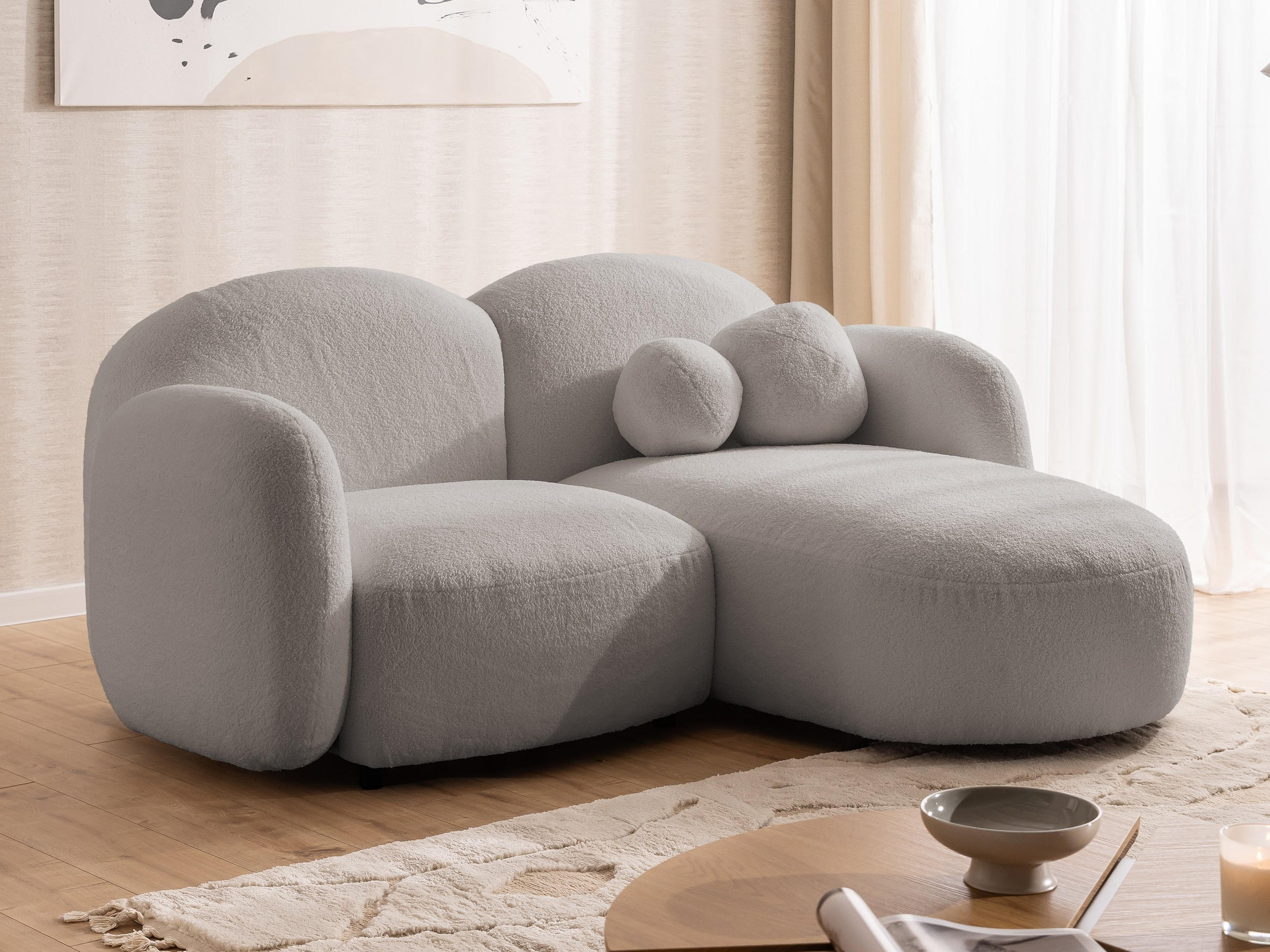 ECKSOFA Nuvola mit abgerundetem Design Hellgrau Bouclé-Stoff - Ottomane Rechts - Hellgrau/Schwarz, Holz/Kunststoff (190/146cm) - S-Style Möbel