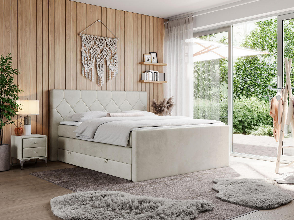 BOXSPRINGBETT KING EIGAR 200/200 Beige Velvet - H3 - Beige, Holz/Textil (200/200cm) - MKS