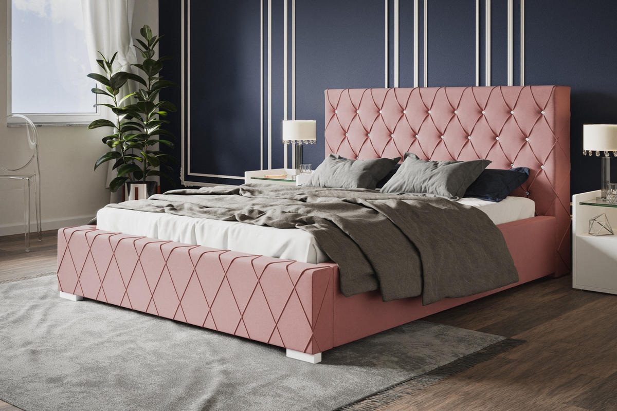 POLSTERBETT Berlin, 120x200 cm, mit Bettkasten und Lattenrost aus Holz, Velourstoff, Farbe: Rosa - Rosa, Holz/Kunststoff (120/200cm) - Alpi-Möbel