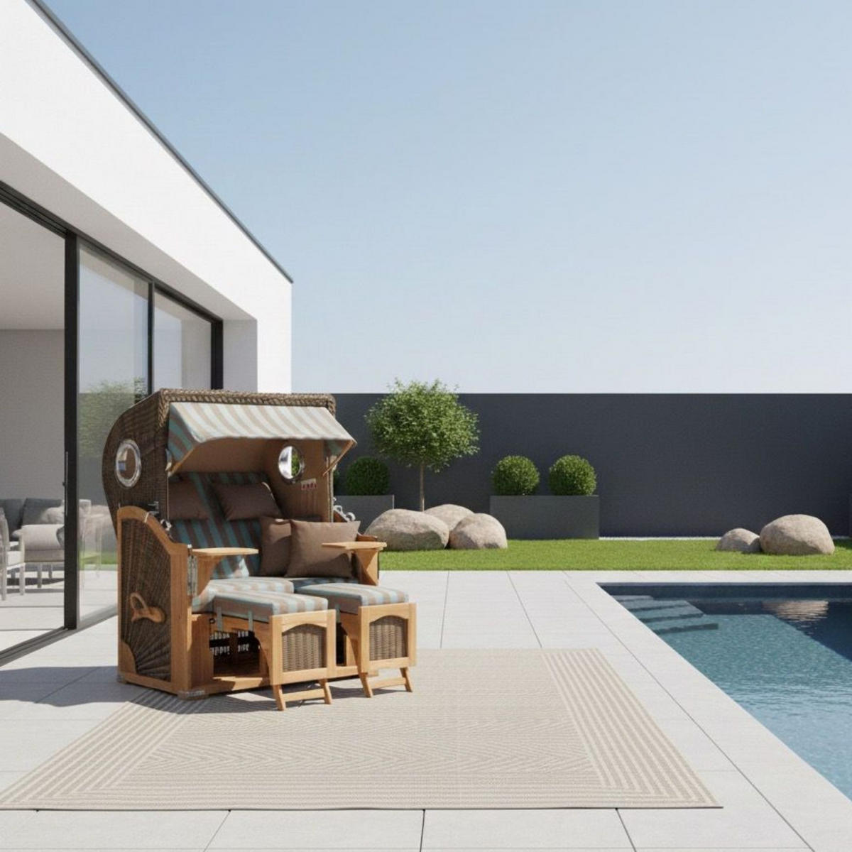 STRANDKORB Düne 2 Sitzer Teak PE Grey - Blaugrau/Braun, Holz/Metall (125/170/80cm) - Mr. Deko