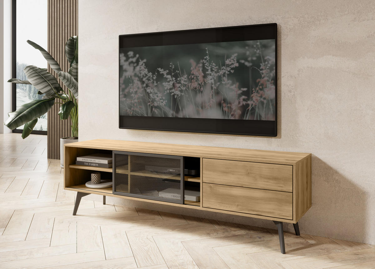 LOWBOARD TV ESTEVAN RTV1 Schiebetüren aus Glas Eiche Gold Eiche Gold - Eichefarben/Honig, Holz/Holzwerkstoff (180/54/39cm) - Komodee