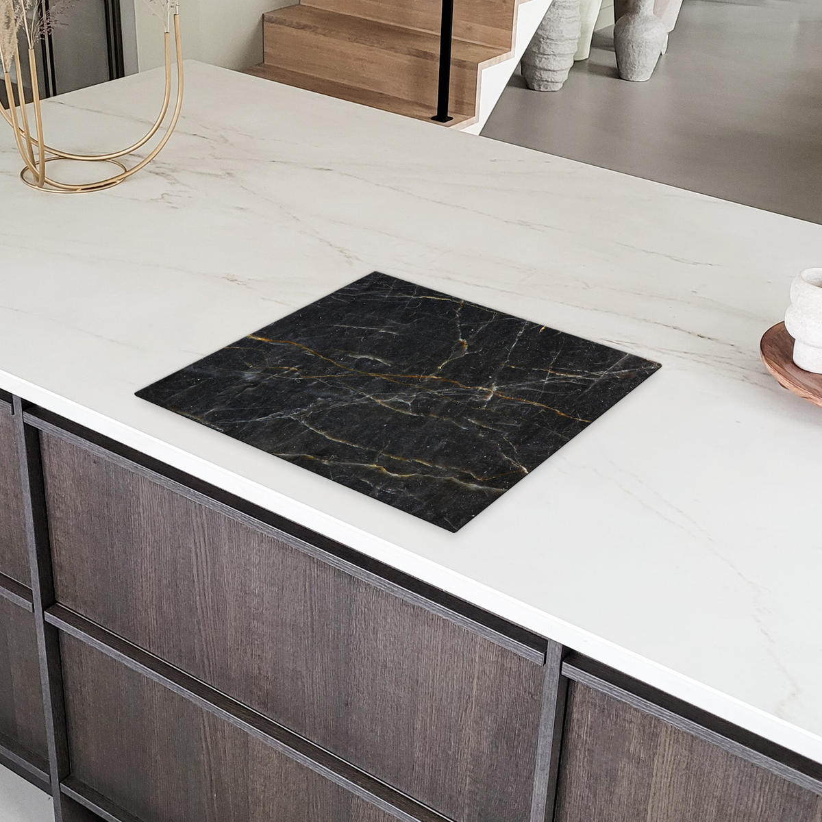HERDABDECKPLATTE Marmor - Schwarz - Gold - Grau - Marmorstruktur 60x52 cm - Goldfarben, Kunststoff (60/0.2/52cm) - MuchoWow