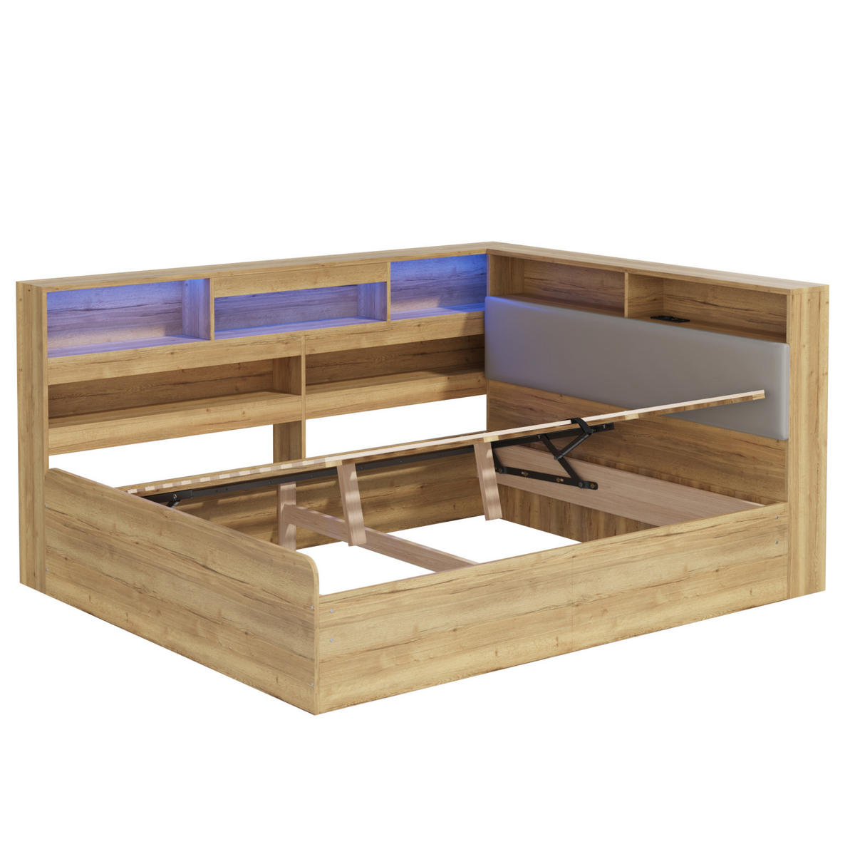 KINDERBETT 140/200 cm aus MDF mit hydraulischem Stauraum, LED-Beleuchtung und USB-Ladestation, Natur - Naturfarben, Holzwerkstoff (140/200cm) - Redom