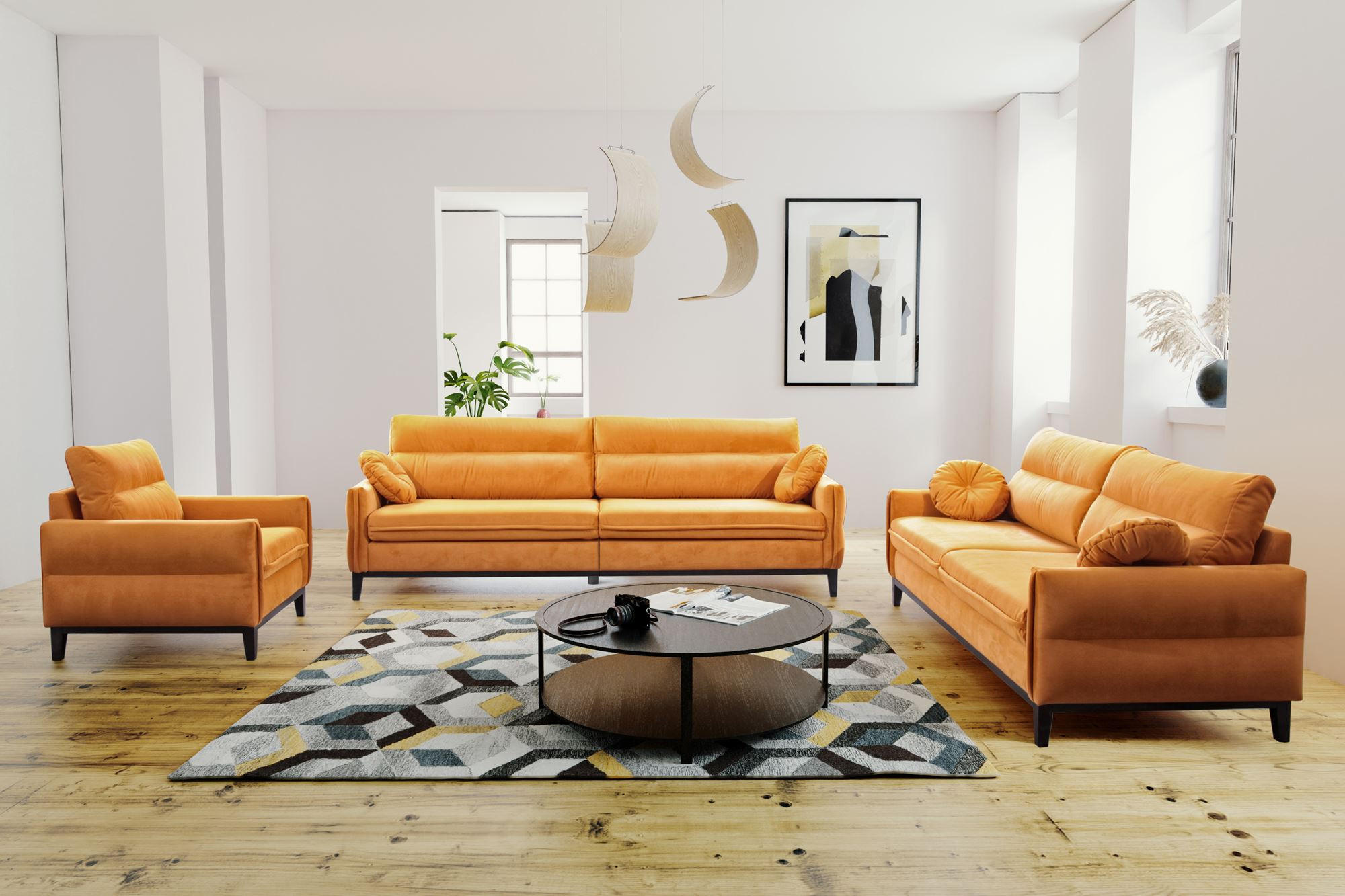 SITZGARNITUR Belweder, zwei Sofas+Sessel, Gelb, Velours - Wengefarben/Gelb, Holz/Textil (268/95/94cm) - Beautysofa
