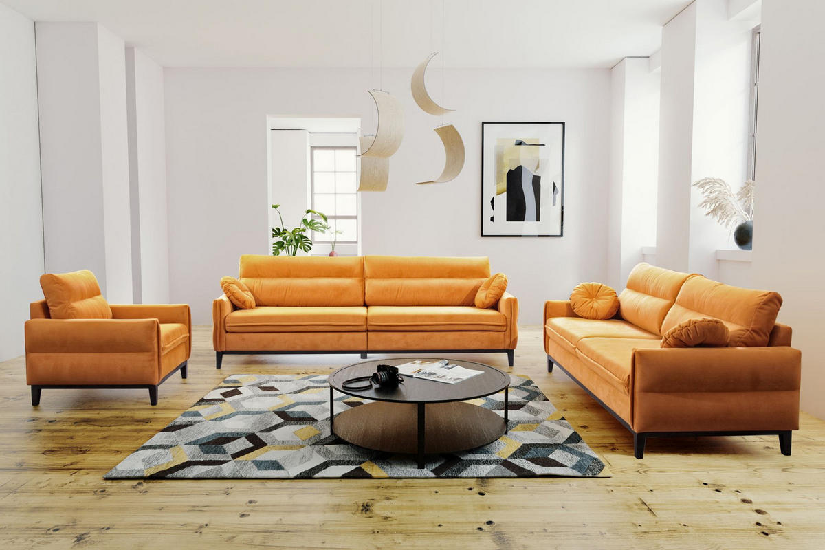 SITZGARNITUR Belweder, zwei Sofas+Sessel, Gelb, Velours - Wengefarben/Gelb, Holz/Textil (268/95/94cm) - Beautysofa