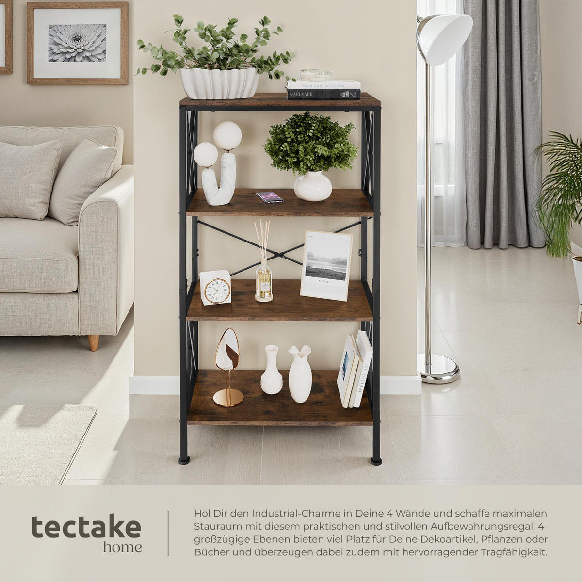 REGAL Barry,inklusive Kippschutz, 61,5 x 31,5 x 133,5 cm,Industrial Holz dunkel, rustikal - Rostfarben, Holzwerkstoff (31.5/133.5/61.5cm) - tectake