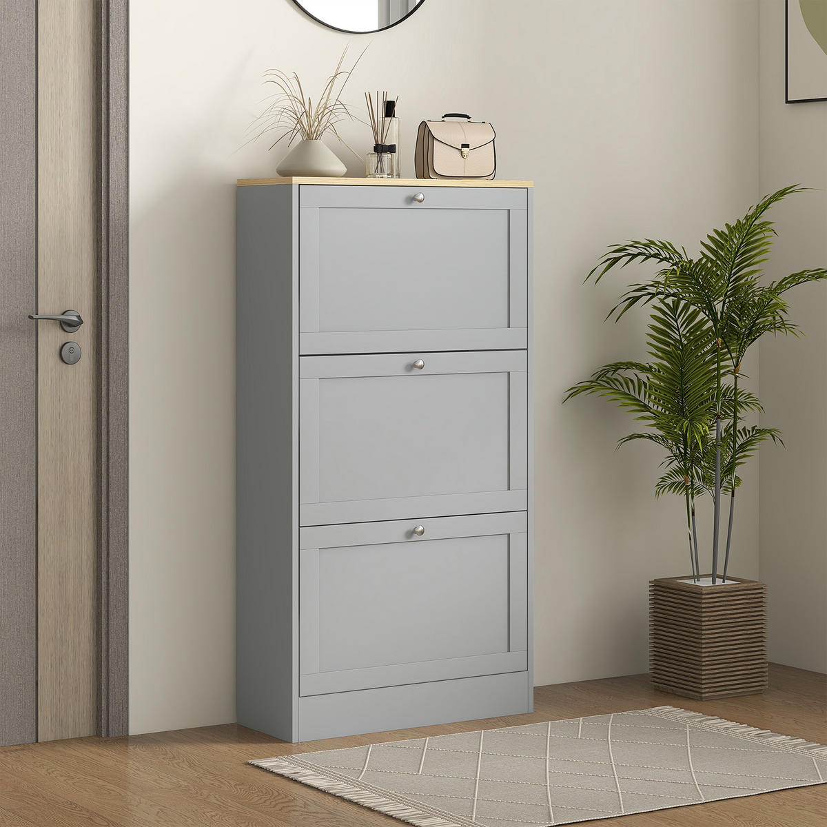 SCHUHSCHRANK Grau Holzwerkstoff mit 3 Klappfächern platzsparend 1 Stück - Grau, Holzwerkstoff (60/115/23.5cm) - PANGIVO