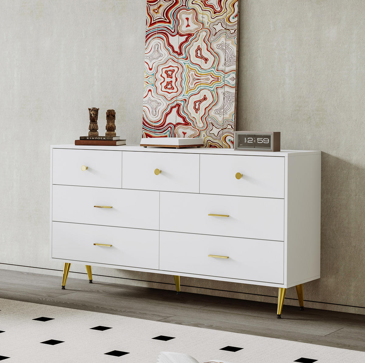 SIDEBOARD mit 7 Schubladen, mit goldenen Griffen und goldenen Beinen, 140/35/76 cm, Weiß - Weiß, Holzwerkstoff (140/76/35cm) - Redom