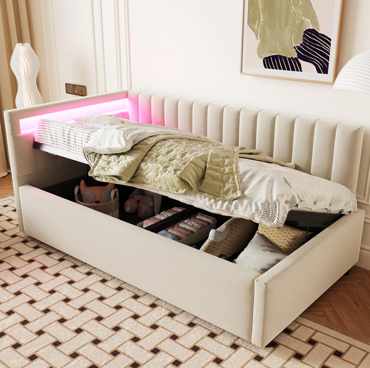POLSTERBETT 90/200 cm beige aus Samt mit LED und hydraulischem Stauraum - Beige, Textil (90/200cm) - OKWISH