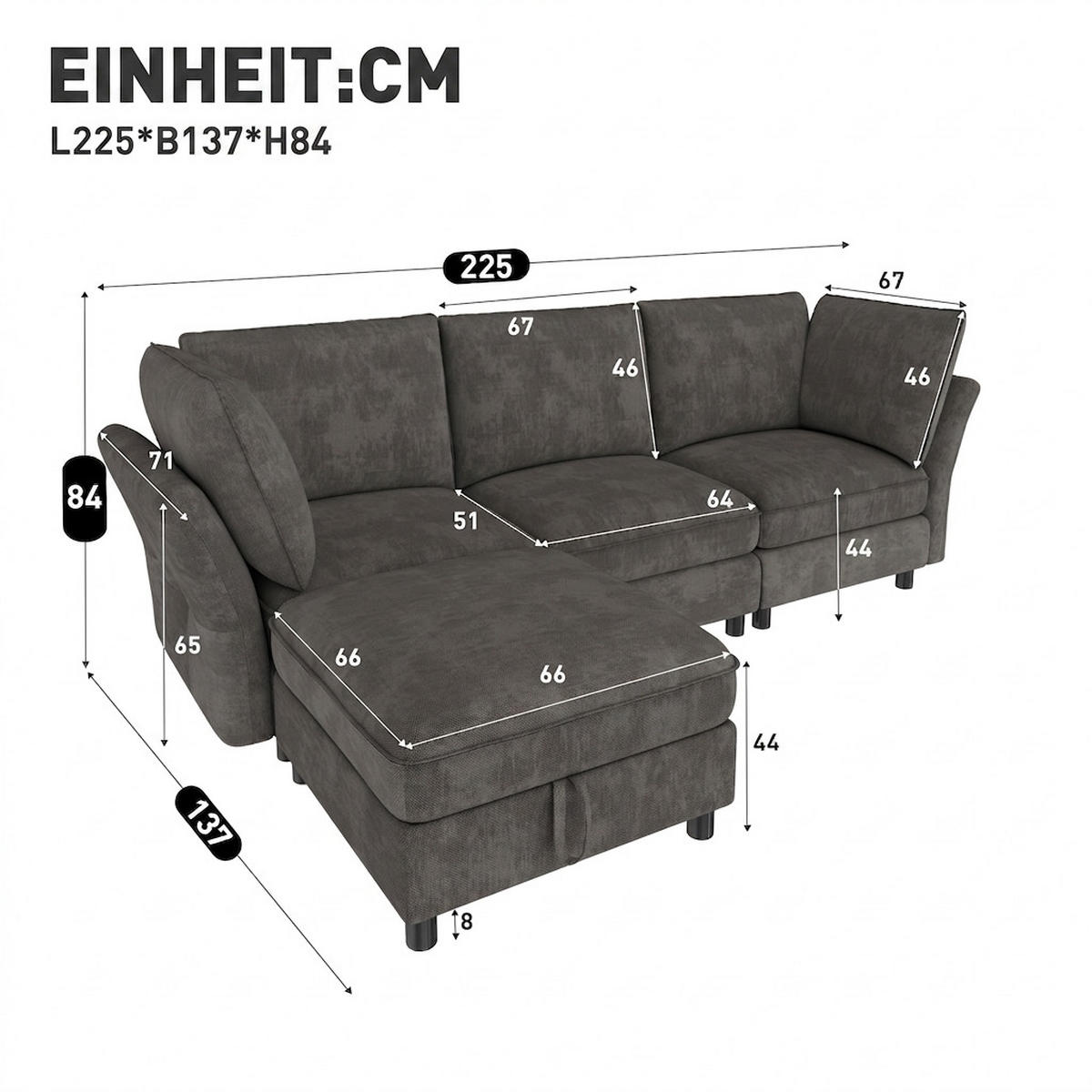 ECKSOFA 225/137/84 cm Grau mit Stauraum‑Hocker - Grau, Textil (225/137cm) - Oxeza