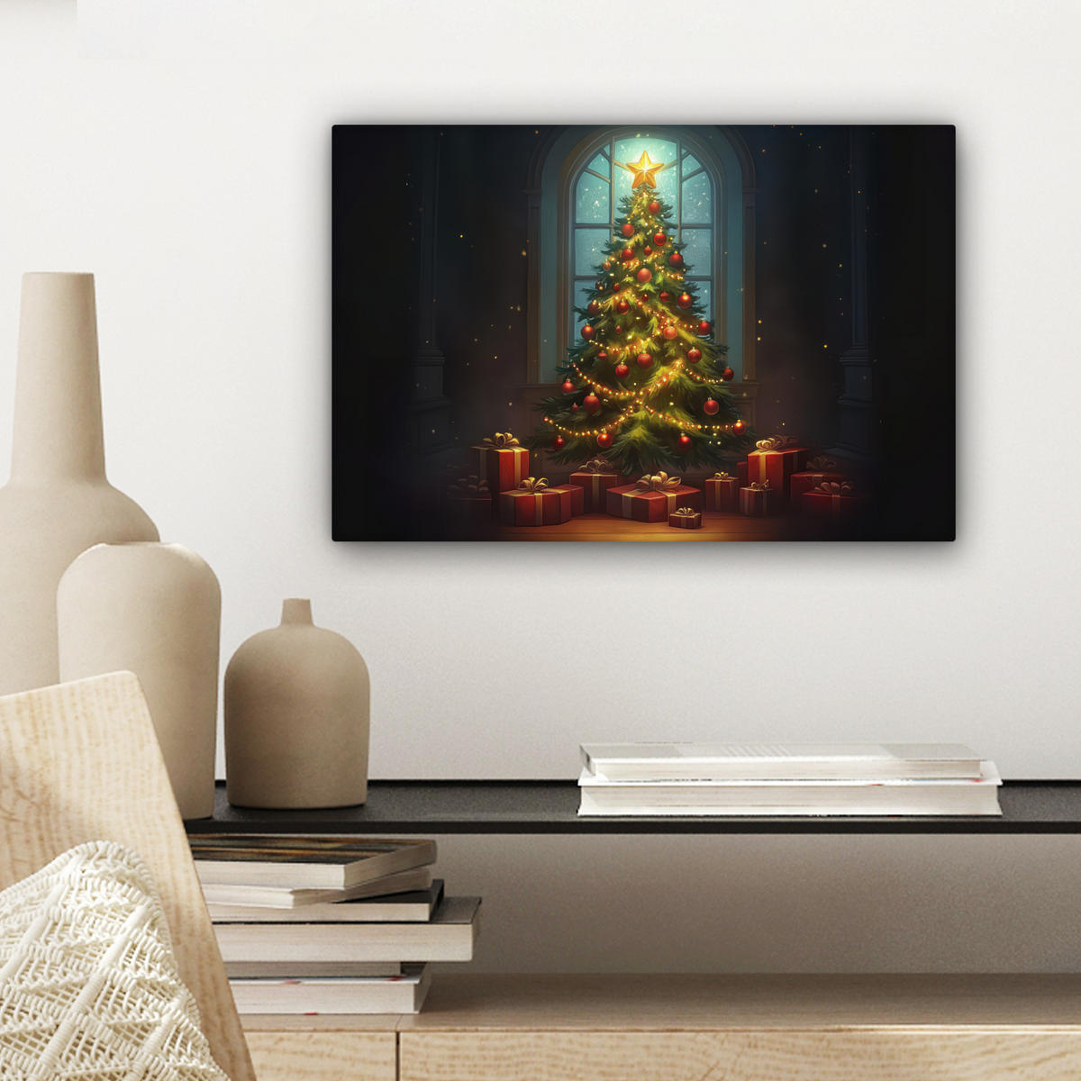 LEINWANDBILD Weihnachtsbaum - Geschenk - Winter Deko Schlafzimmer 30x20 cm - Grün, Textil (30/20cm) - MuchoWow