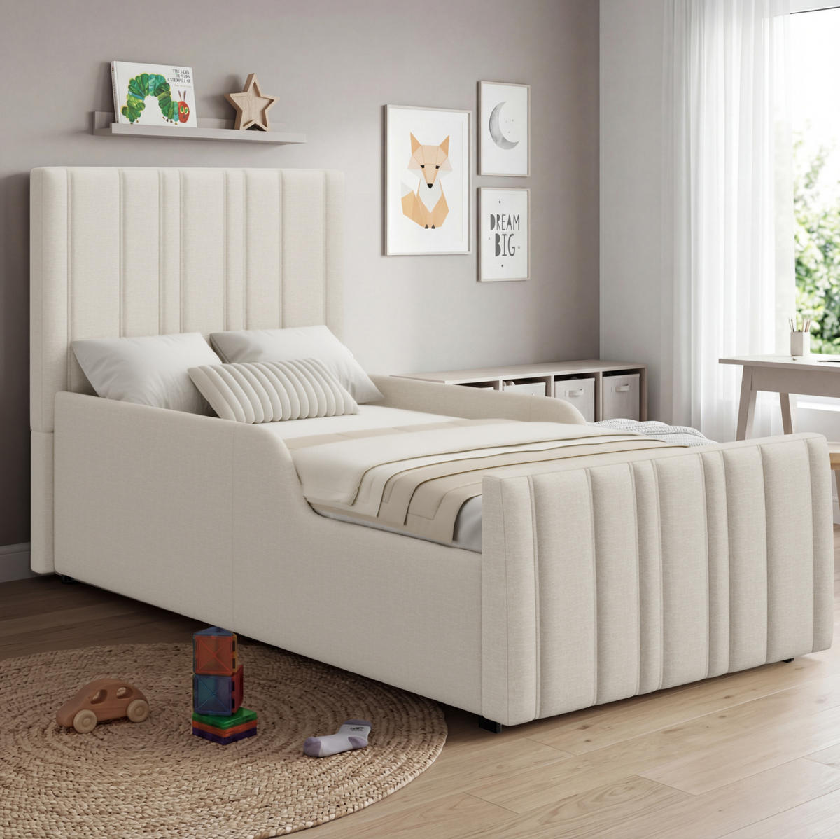 KINDERBETT 90/200 cm Beige aus Leinenstoff mit Lattenrost und Stauraum - Beige, Textil (90/200cm) - OKWISH