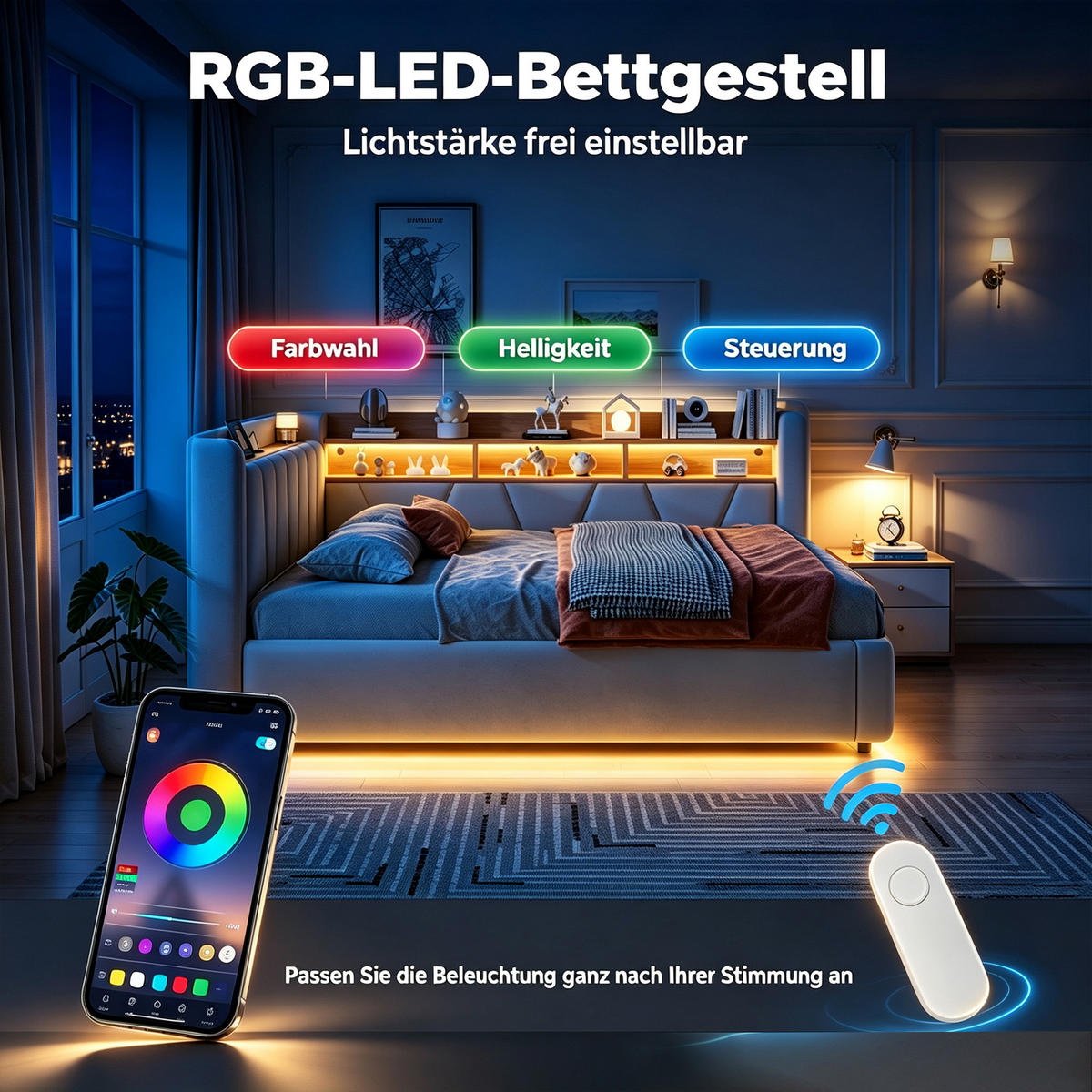 BOXBETT 90/200 mit LED/Regal/USB/Bettkasten, Samt, Grau - Grau, Holz (90/200cm) - LVHOM