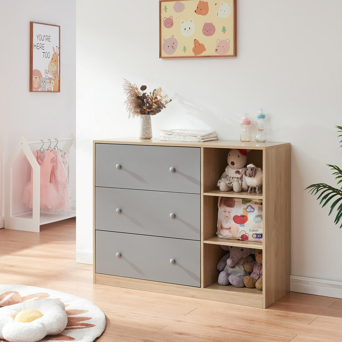 PŘEBALOVACÍ PŘÍSTROJ Beldinupp - šedá/barva dubu, kompozitní dřevo (55/93/110cm) - [en.casa]