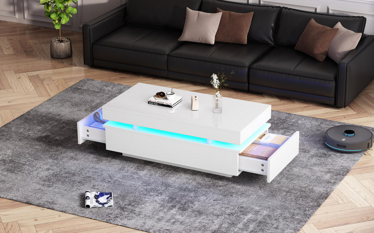 COUCHTISCH aus Spanplatte 100x50x35 cm in Weiß mit 2 Schubladen & LED - Weiß, Holzwerkstoff (100/50/35cm) - Modfu
