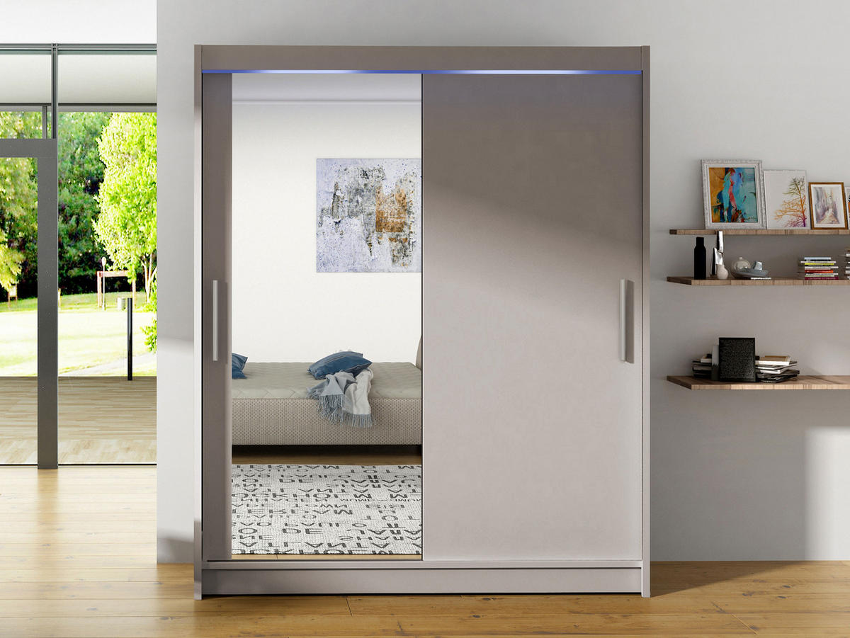 SCHWEBETÜRENSCHRANK Westa VI, mit RGB LED Beleuchtung - Kaschmir/Silberfarben, Holzwerkstoff/Metall (150/200/58cm) - MIRJAN24