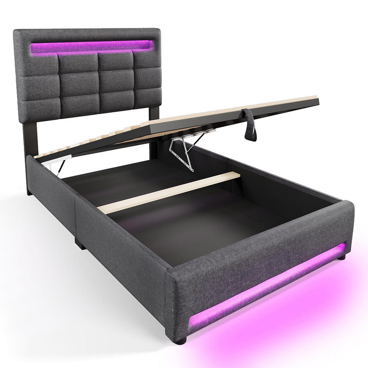 POLSTERBETT 90x200cm Mit USB-Buchse, Leinen, Grau - Grau, Holz/Textil (90/200cm) - KOMHTOM