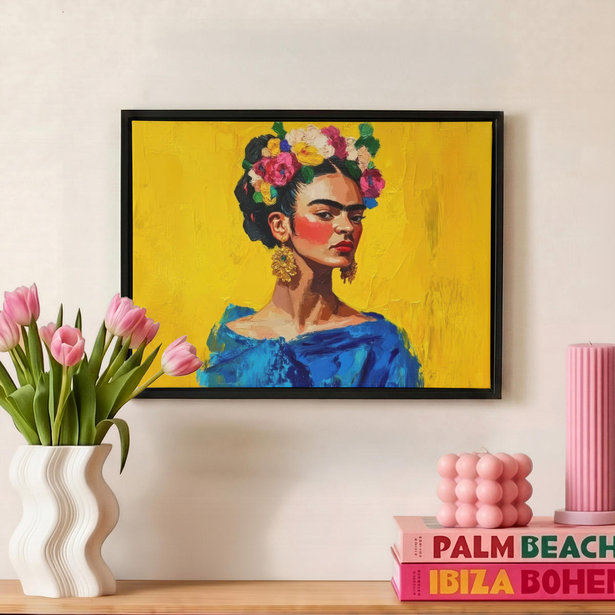 LEINWAND Bilder mit Rahmen - Frida Kahlo - Frau - Gelb - Blau - Blumen - 40x30 - Gelb, Textil (40/30cm) - MuchoWow