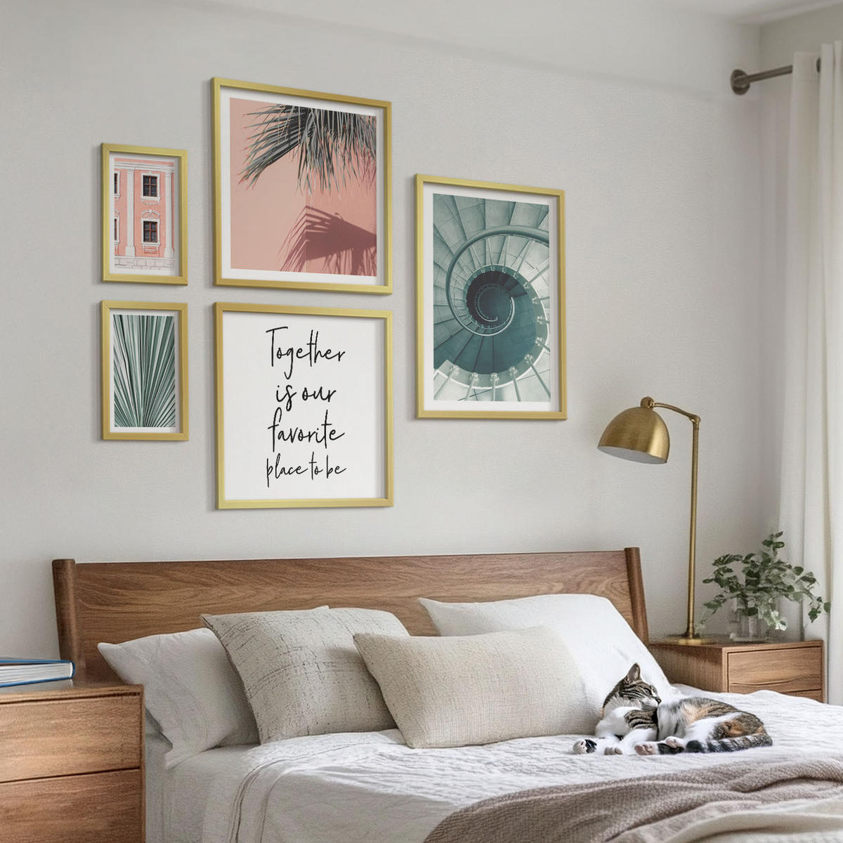 BILDER SET 5er Set - 50x50 cm & 20x30 cm & 40x60 cm Goldrahmen - Architektur-Pastellmuster - Goldfarben, Kunststoff (40/60cm) - TULUP