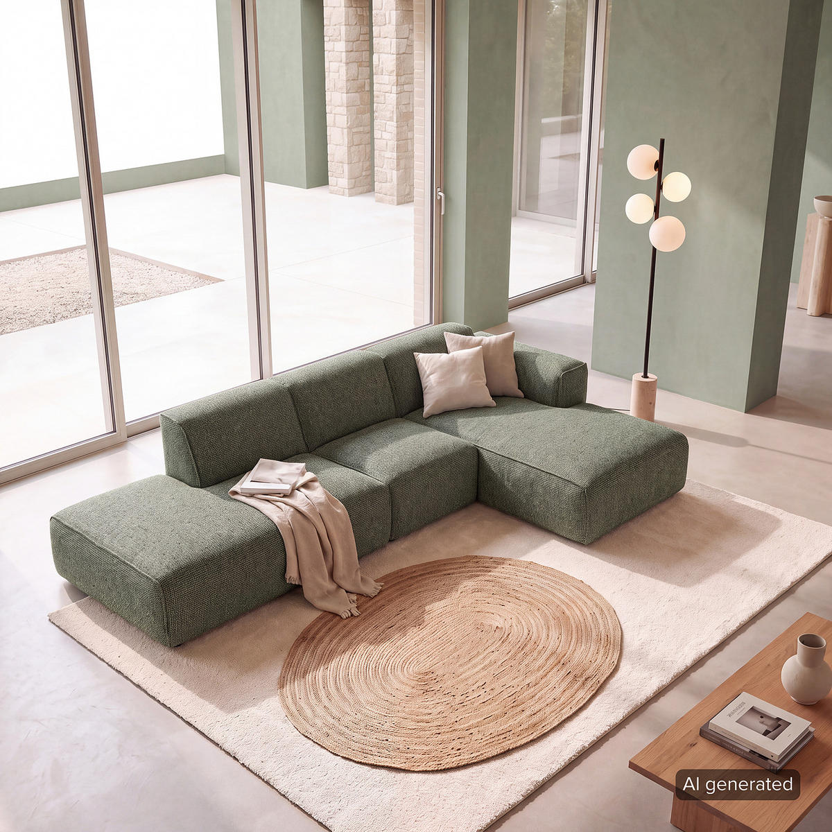 ECKSOFA mit Chaiselongue - Schwarz/Grün, Kunststoff/Textil (290/173cm) - home24