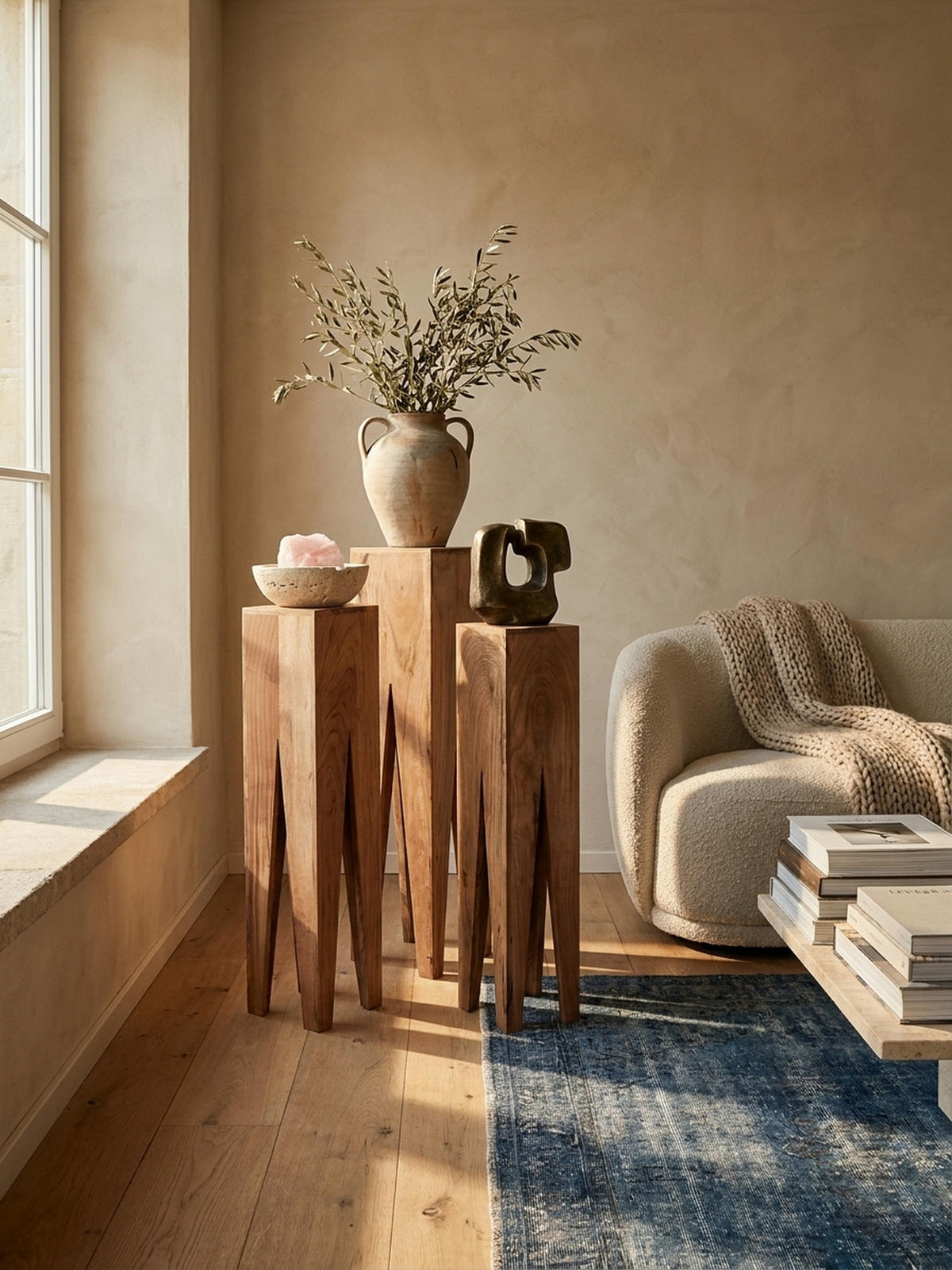 BEISTELLTISCH 3er Set Massivholz Handgefertigt Giraffenbeine, Beige 25x25x100 cm - Beige, Holz (25/25/100cm) - KADIMA DESIGN