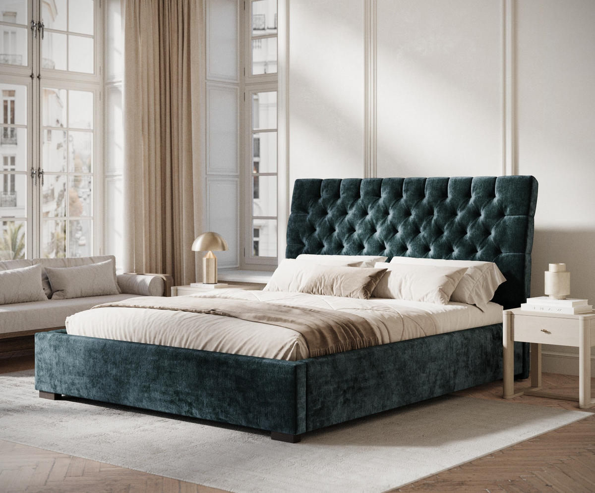 POLSTERBETT Vezzola Türkisfarben 180/200 cm im Chenille-Stoff - Türkis/Schwarz, Holz/Holzwerkstoff (180/200cm) - Maison de Reve
