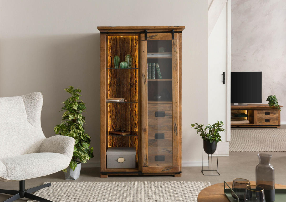 VITRINE Mango / Altholz 100x45x175 natur lackiert RAILWAY LUX #125 - Braun, Holz (100/175/45cm) - Massivmoebel24