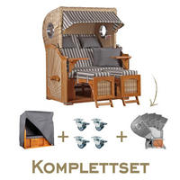 STRANDKORB Komplettset Düne Teak PE Shell Dessin 545 - Braun/Grau, Naturmaterialien/Metall (125/170/80cm) - Mr. Deko
