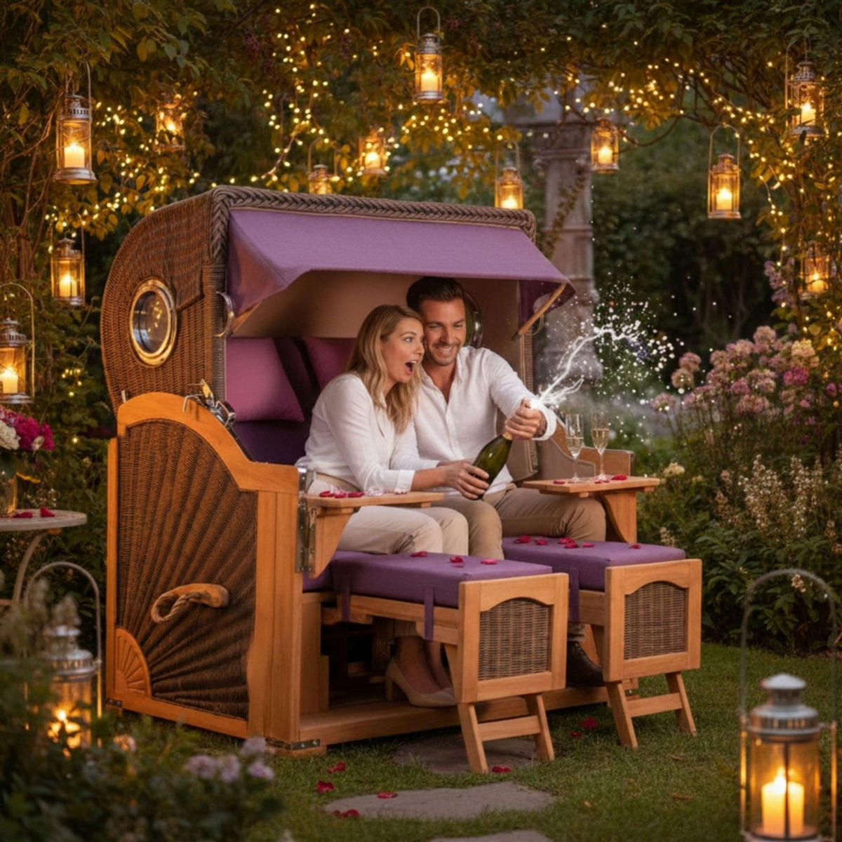 STRANDKORB Düne Grande Bullauge Teak PE Grey Dessin 590 - Violett/Lila, Metall (142/170/95cm) - Mr. Deko