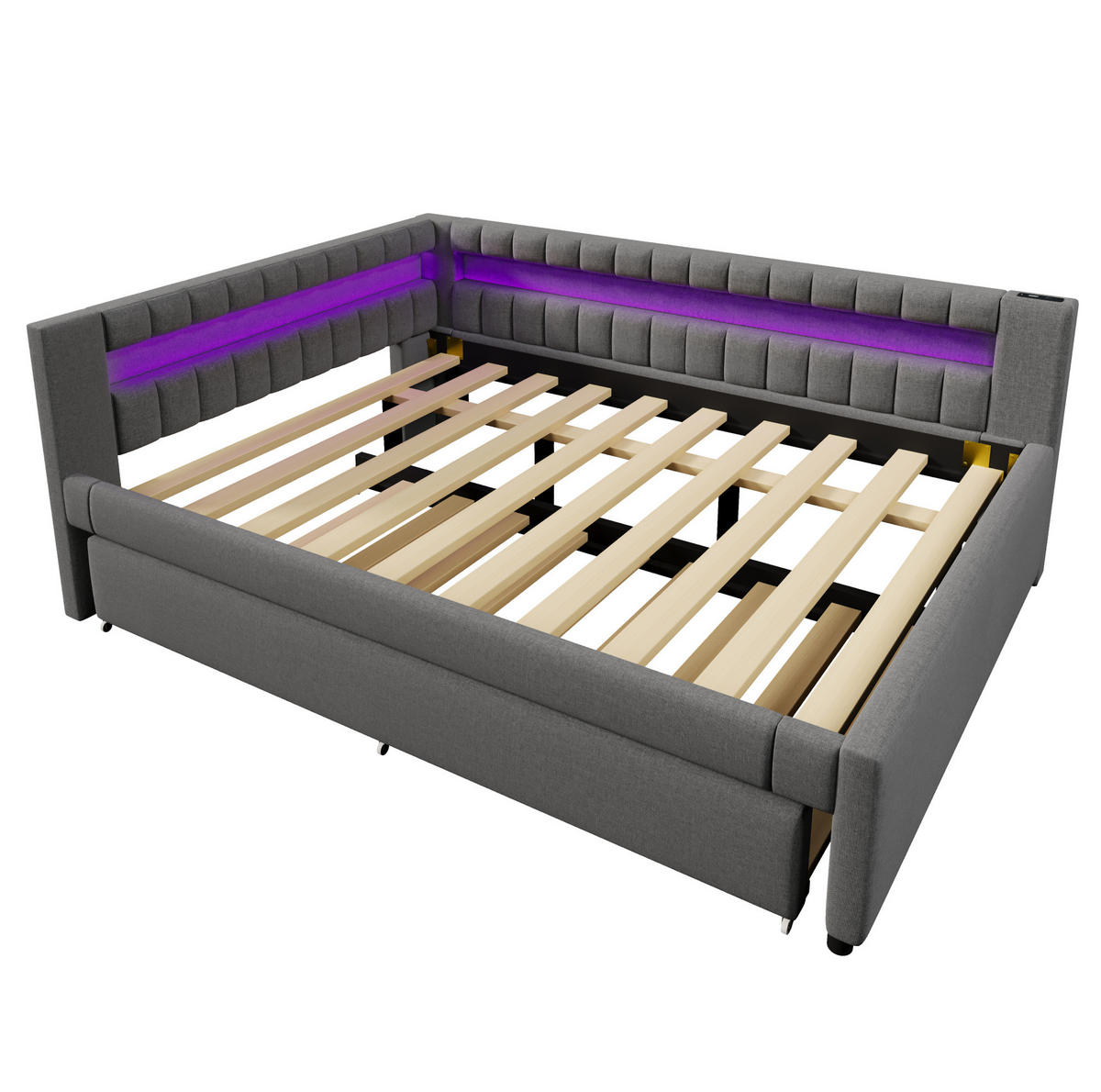 POLSTERBETT 140/200 cm Grau mit Ausziehbett LED-Beleuchtung und USB- und Type-C-Anschlüssen - Grau, Textil (140/200cm) - OKWISH