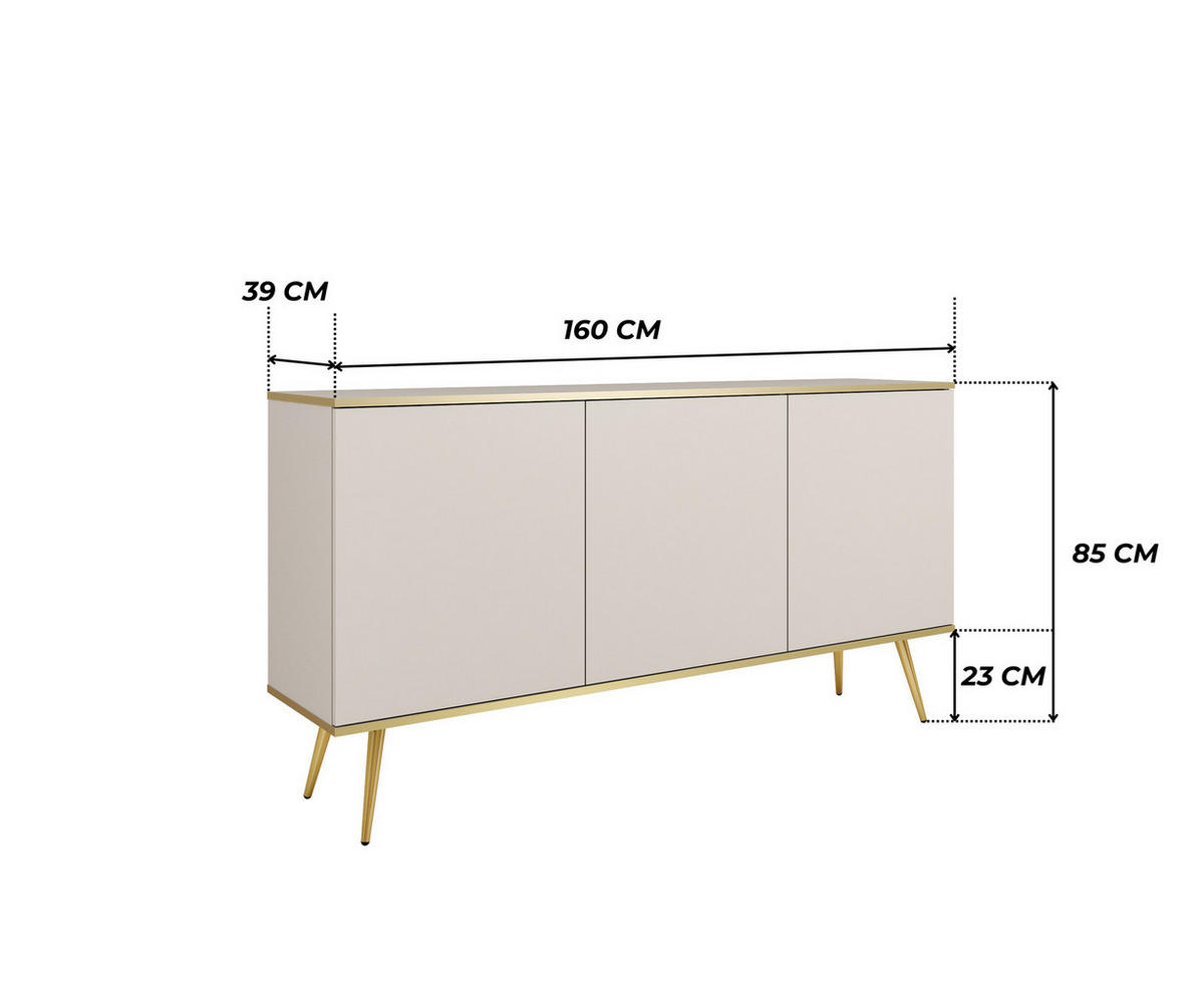KOMMODE FORNO (Beige, Goldene Details, 3 Türen, goldene Metallfüße) - Gelb/Beige, Holz/Holzwerkstoff (160/85/39cm) - Ravio