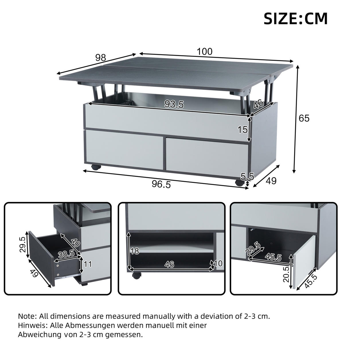 COUCHTISCH 100/98/65 cm grau/weiß aus Spanplatte höhenverstellbar - Grau, Holzwerkstoff (100/98/65cm) - OKMYHOME