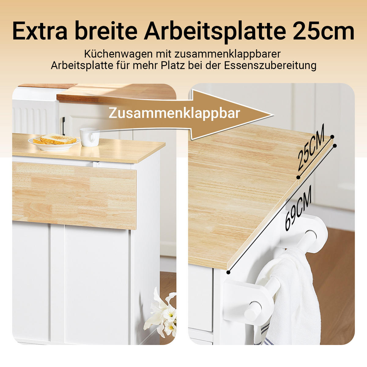 KÜCHENINSEL mit Rollen Weiß-Natur - Weiß, Holzwerkstoff (113/91/69cm) - SoBuy
