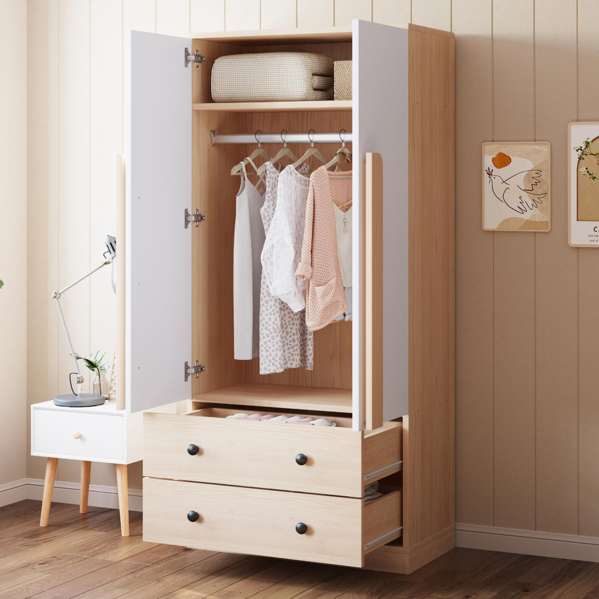 KLEIDERSCHRANK 70/40/170 cm in Natur/Weiß mit 2 Türen und 2 Schubladen - Naturfarben, Holz (70/170/40cm) - BEAOK
