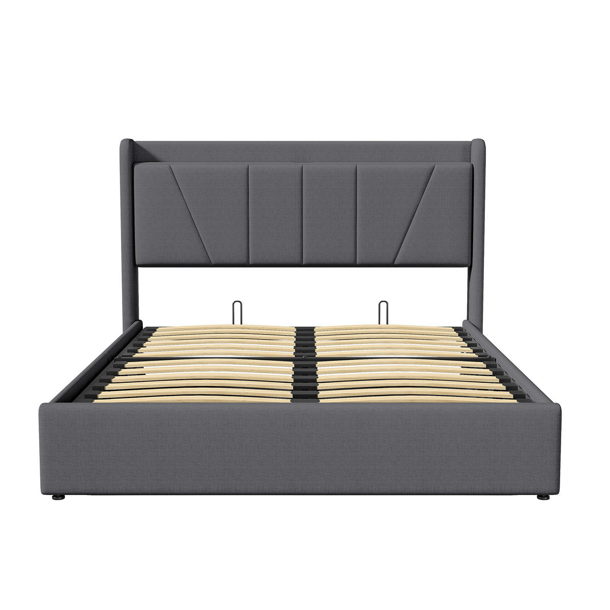 BETT 160 x 200 cm mit Stauraum, hydraulisch mit Staufach, Kopfteil und Lattenrost, Grau + Leinen - Grau, Holzwerkstoff/Textil
