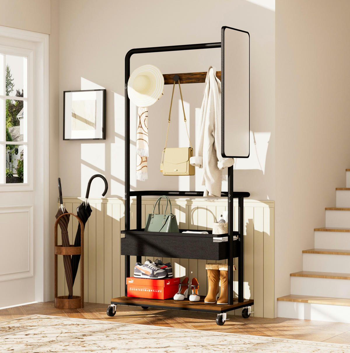 STANDGARDEROBE 70/40/170 cm mit Spiegel, Kleiderstange und Rollen - Schwarz, Holzwerkstoff (70/170/40cm) - BEAOK